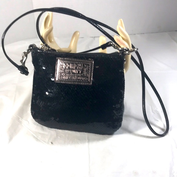 Coach Poppy Black Sequin Crossbody Small Mini Purse Shoulder Bag Leather Strap - Picture 1 of 11